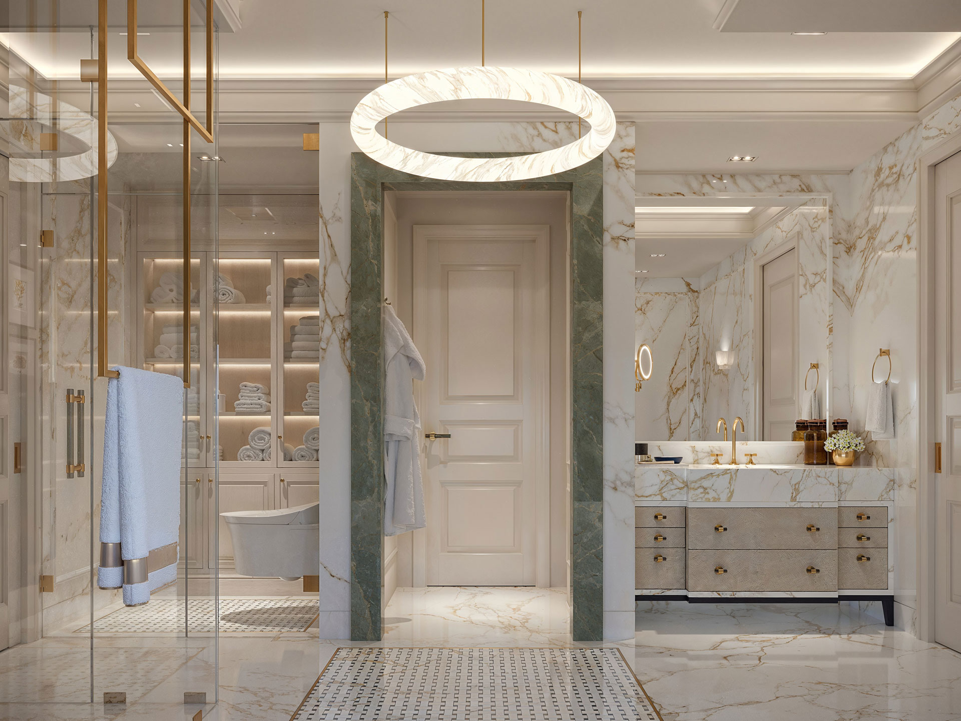Ocean Villa master bathroom — marble surfaces and layered lighting